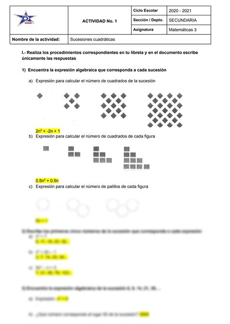 SOLUTION SUCESIONES CUADRÁTICAS Studypool