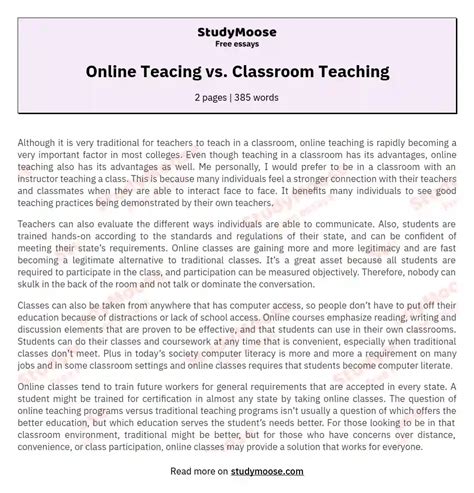 Online Teacing Vs Classroom Teaching Free Essay Example