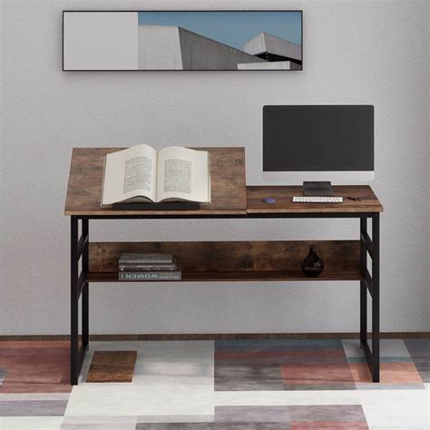 Home Office Computer Desk With Tiltable Plate And Bottom Shelf Brown