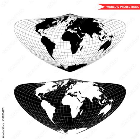 Bonne world map projection. Black and white world map vector ...