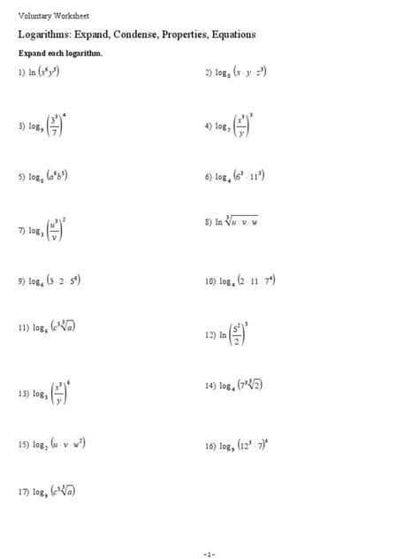 Logarithm Worksheet With Answers