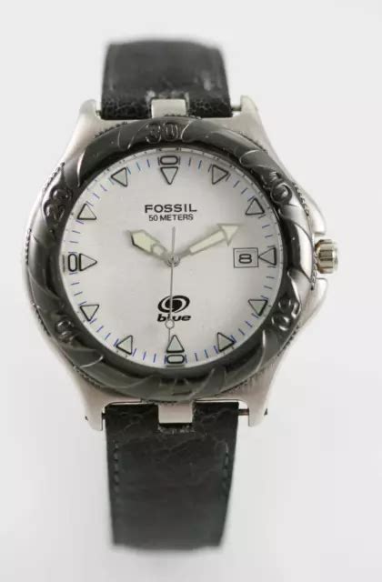 FOSSIL MONTRE HOMME Blanc Date Acier Inoxydable Argent Gris Cuir 50m