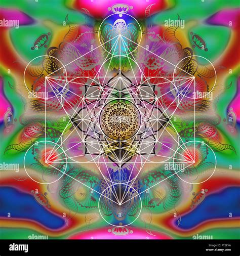 Metatron Cube Sacred Geometry On Colorful Blury Background Stock Photo