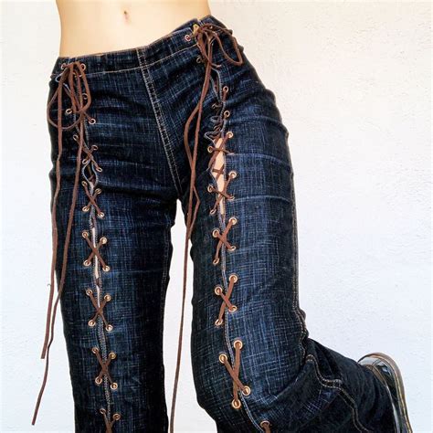 Early 2000s Vintage Velvety Lace Up Jeans Pants Let Depop