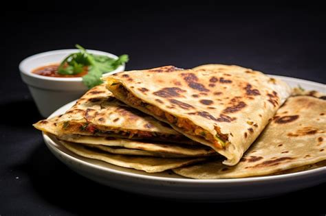 Premium Ai Image Aloo Paratha Indian Potato Stuffed Flatbread Served