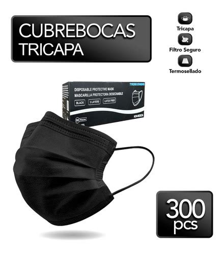 300 Cubrebocas Tapabocas Tricapa Termosellado Plisado Negro