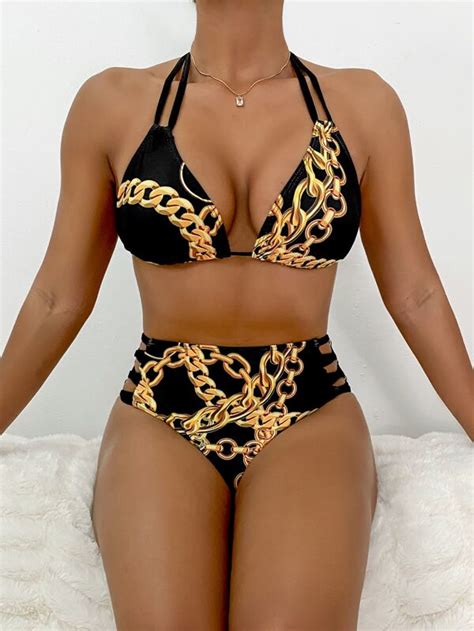 Shein Swim Bohofeel Random Chain Print Bikini Set Triangle Bra Top