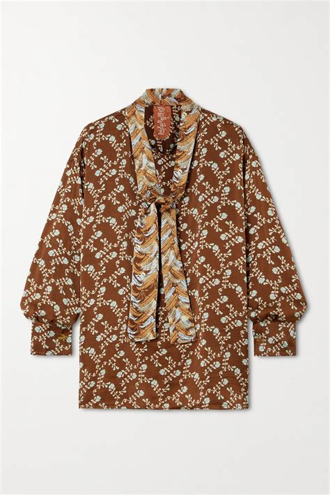 Yvonne S Net Sustain Pussy Bow Floral Print Silk Satin Blouse Brown Editorialist