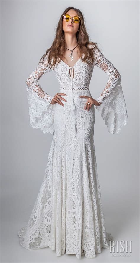 Rish Bridal Sun Dance Long Bell Sleeves V Neck Full Embellishment