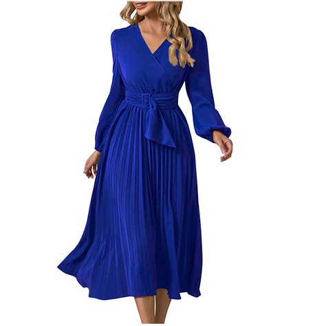 Royal Blue Vneck Rayon Dress for Women Fall Summer Long Puff Sleeve