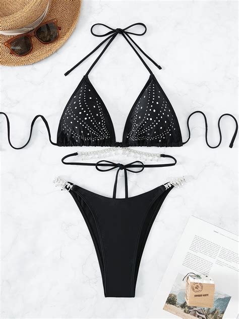 Shein Swim Sxy Sparkly Rhinestone Bikini Set Halter Triangle Bra