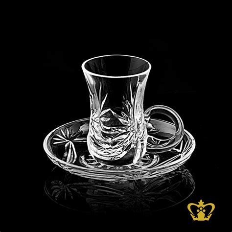 Buy Arabic Traditional Tea Crystal Cups With Saucer Handcrafted Deep Leaf Cuts In Dubai Abu