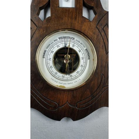 1930’s Art Deco Antique Weather Station Barometer Thermometer In Carved Wood And Beveled Glass