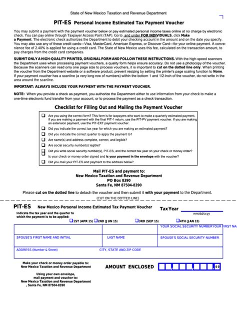 Form Pit Es New Mexico Personal Income Estimated Tax Payment Voucher