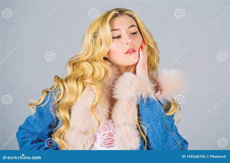 Her Perfect Style Sensual Girl With Fit Body Woman In Erotic Lingerie And Fur Jeans Jacket