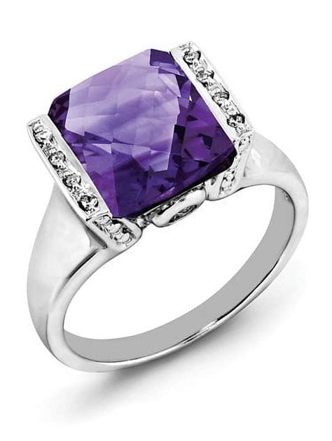 Primal Silver Sterling Silver Rhodium Checker Cut Amethyst And Diamond