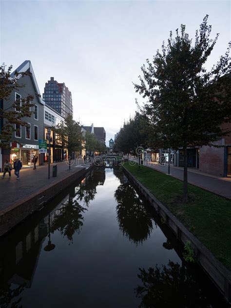 Cityscape Panorama Twilight View Of Gedempte Gracht Canal At Zaan River