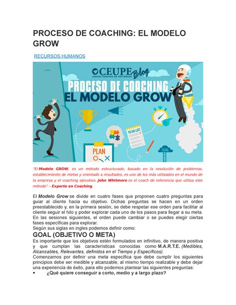 Proceso DE Coaching Apuntes 2 PROCESO DE COACHING EL MODELO GROW