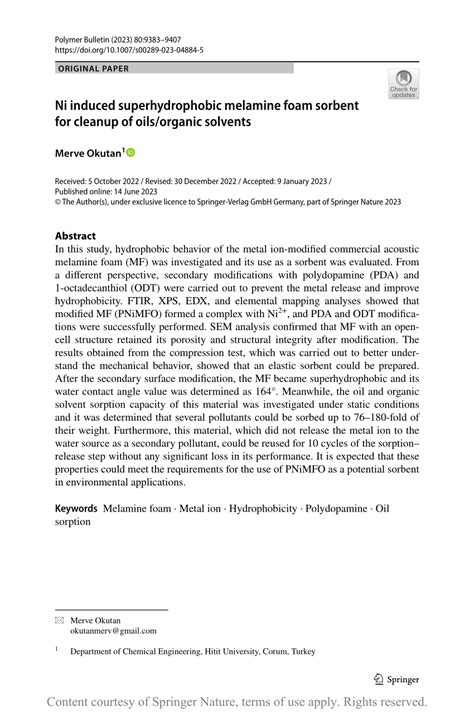 Ni Induced Superhydrophobic Melamine Foam Sorbent For Cleanup Of Oils