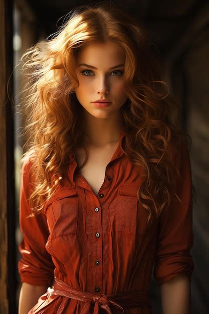 Premium Photo Woman Long Red Hair Belted Shirt Dress Ultra Face Princess Curly Blonde Irish
