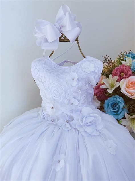 Vestido Infantil Branco Renda Aplique Flores Festas Luxo Rosa