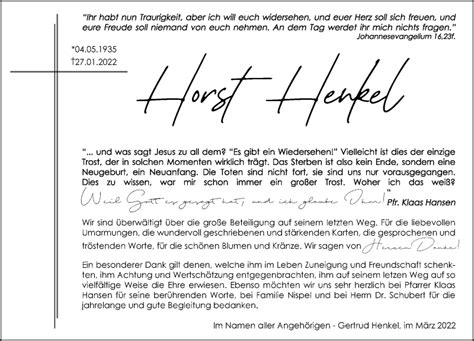 Traueranzeigen Von Horst Henkel Vrm Trauer De