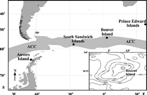 Map showing Anvers Island, South Sandwich Islands, Bouvet Island and ...