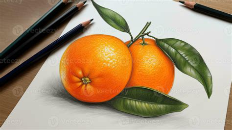 D Art Image Of Realistic Drawing Orange With Pencil Illustration