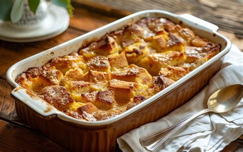 golden  caramelized leftover bread pudding   baking dish