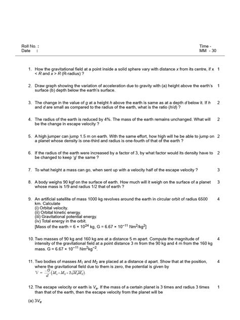 Gravitation - Worksheet | PDF | Orbit | Mass