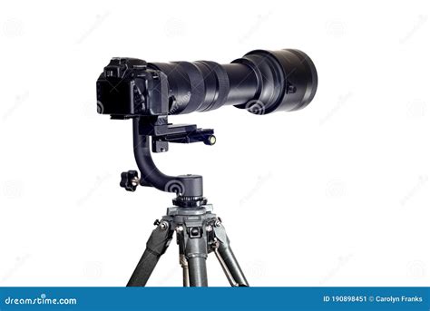 Gimbal Tripod Head Holding Camera With Long Telephoto Zoom Lens Stock