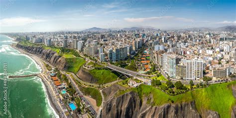 Lima Peru Aerial View Of Miraflores Town Cliff And The Costa Verde