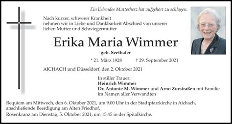 Traueranzeigen Von Erika Maria Wimmer Augsburger Allgemeine Zeitung