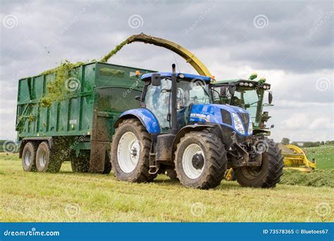 Harvester Forager Cutting Field Loading Silage Into A Tractor Trailer