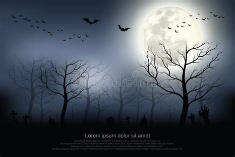 Halloween Background. Spooky Forest with Full Moon and Grave. Stock Vector - Illustration of ...