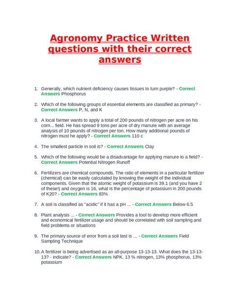 Agronomy Practice Written Questions With Their Correct Answers Exams