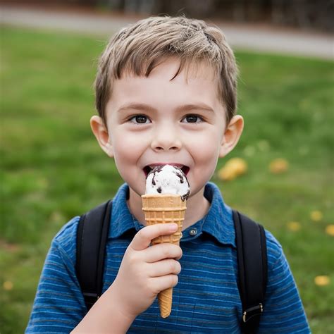 A Boy With A Backpack And A Backpack Is Eating An Ice Cream Cone