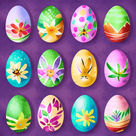 Watercolour Easter Eggs With A Detailed Colourful Background Plants