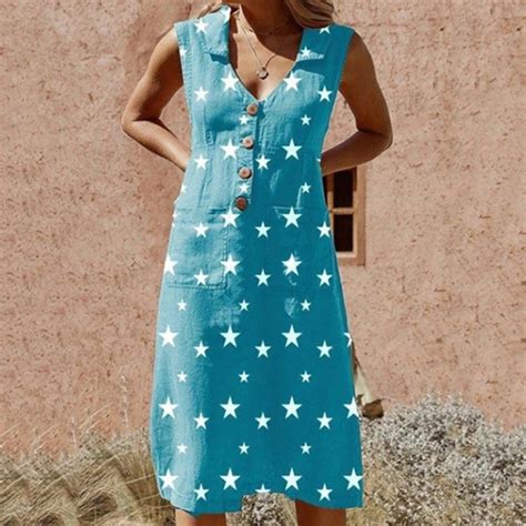 Casual Star Print Beach Dress Women Summer Sexy Sleeveless Swings Knee