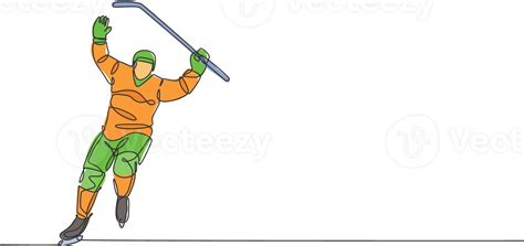 One Single Line Drawing Young Ice Hockey Player In Action To Celebrate