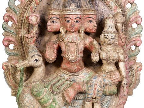 Wooden Lord Brahma With Goddess Saraswati Seated On Kirtimukha