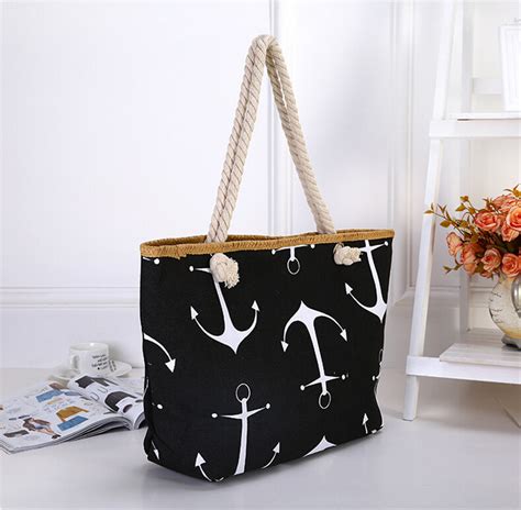 Large Anchor Print Canvas And Hemp Rope Bag Zureli