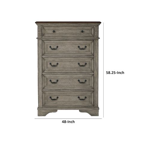 Benjara Eerie 58 Inch 5 Drawer Tall Dresser Chest Vintage Gray Rustic