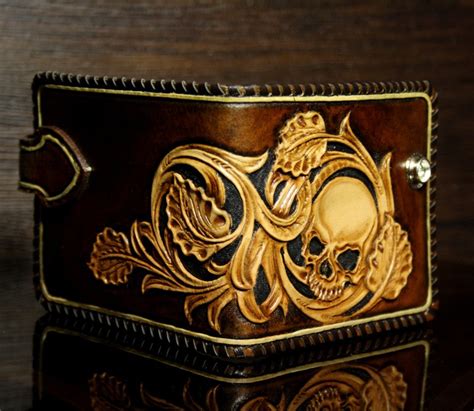 Hand Tooled Mens Leather Wallet With A Skull In Sheridan Etsy