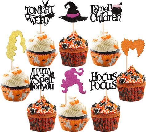 Amazon 32 PCS Hocus Pocus Cupcake Toppers Glitter Witch Hair Hat I