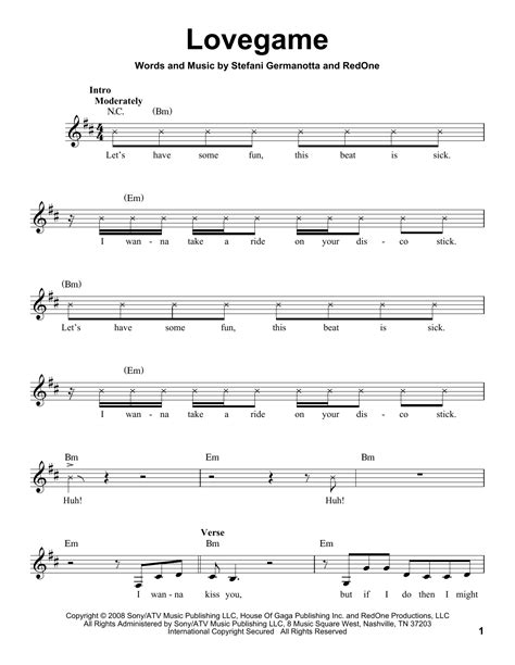 Lovegame Sheet Music Lady Gaga Pro Vocal