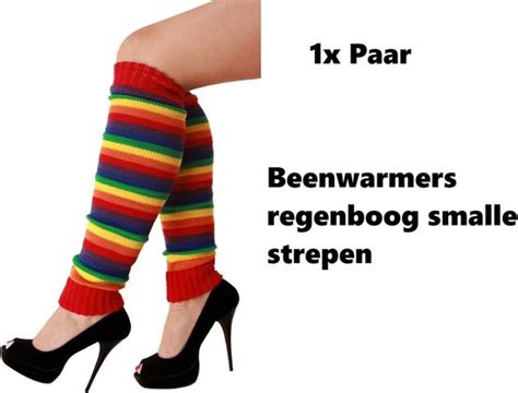 1x Paar Beenwarmers Regenboog Smalle Strepen Thema Feest Party Fun Festival Rainbow Bol