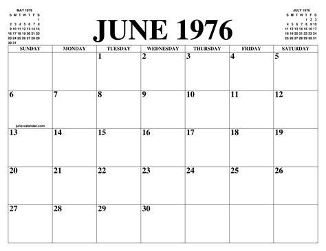 June 1976 Calendar Of The Month Free Printable June Calendar Of The