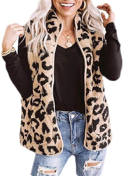 Women Winter Fleece Sleeveless Zip Front Sherpa Leopard Print Vest