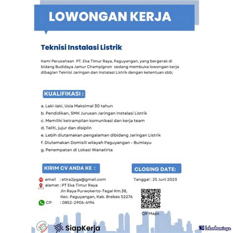 Lowongan Kerja Teknisi Instalasi Listrik Pt Eka Timur Raya Paguyangan